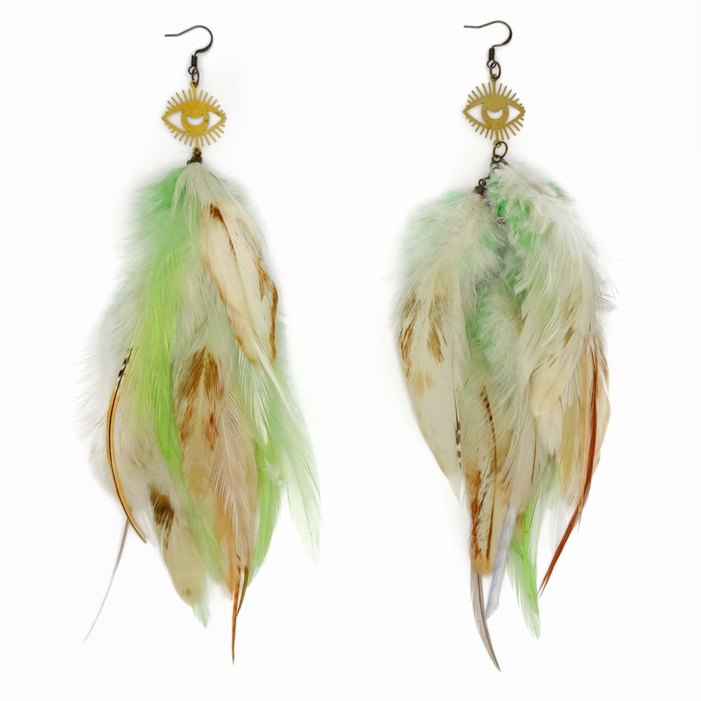 Feathered Eye Earrings - Long feather earrings with gold eye pendants